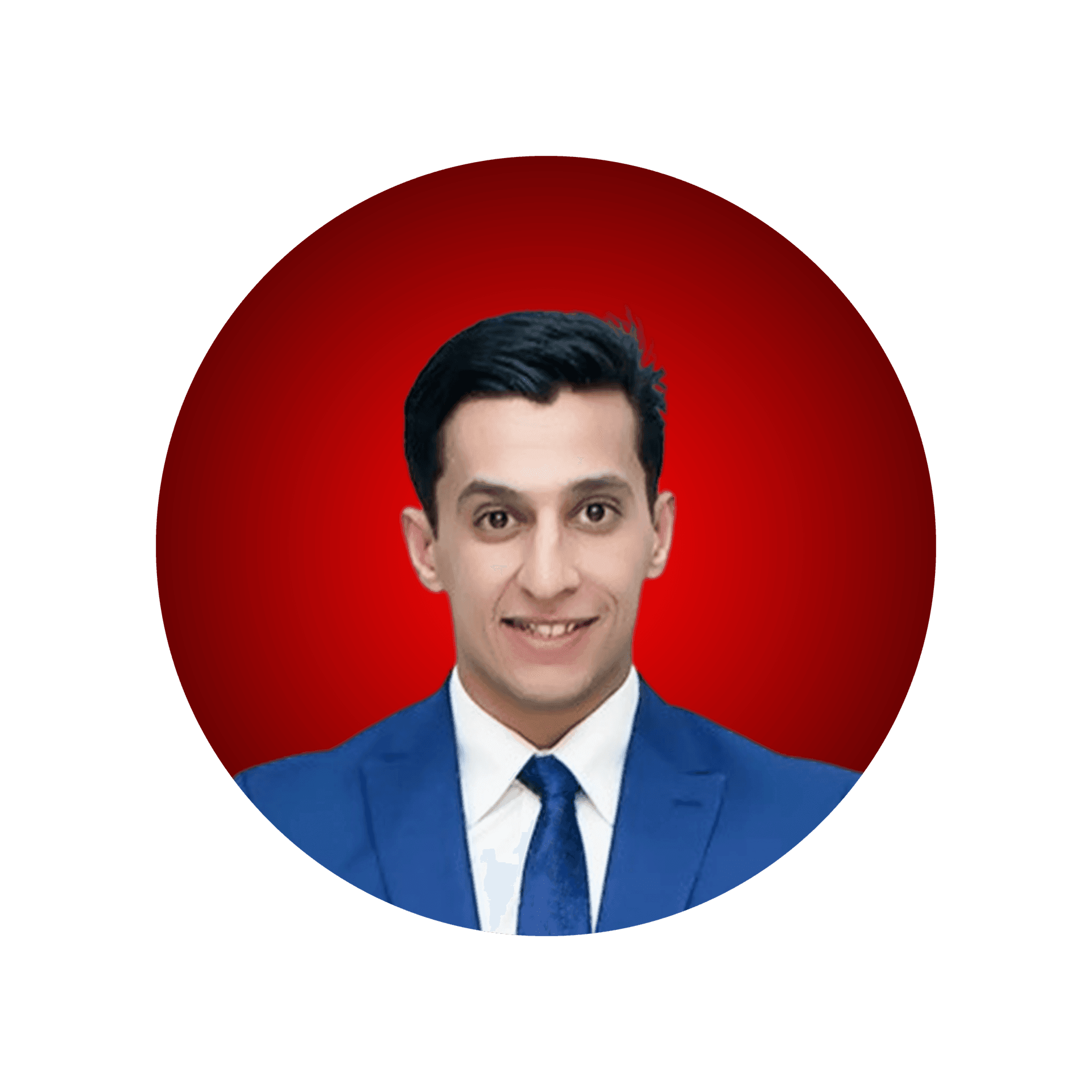 Man in a blue suit and tie smiling against a red circular background.